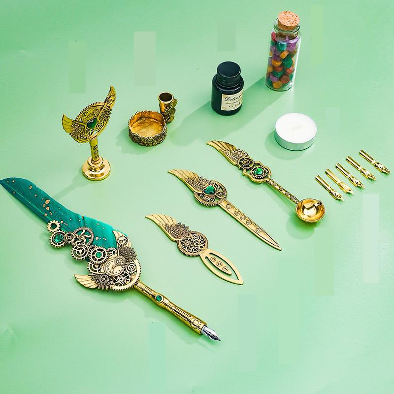 Quill Pen Ink Set, Calligraphy Feather Fountain Pen, Vintage Signature Pen with Replaceable Nibs/Ink Cartridges, Pen Holder, Seal, Bookmark