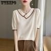 Summer Women's Knitted T-shirt Top V-neck Ice Silk Knitted Shirt Short Sleeve for Women