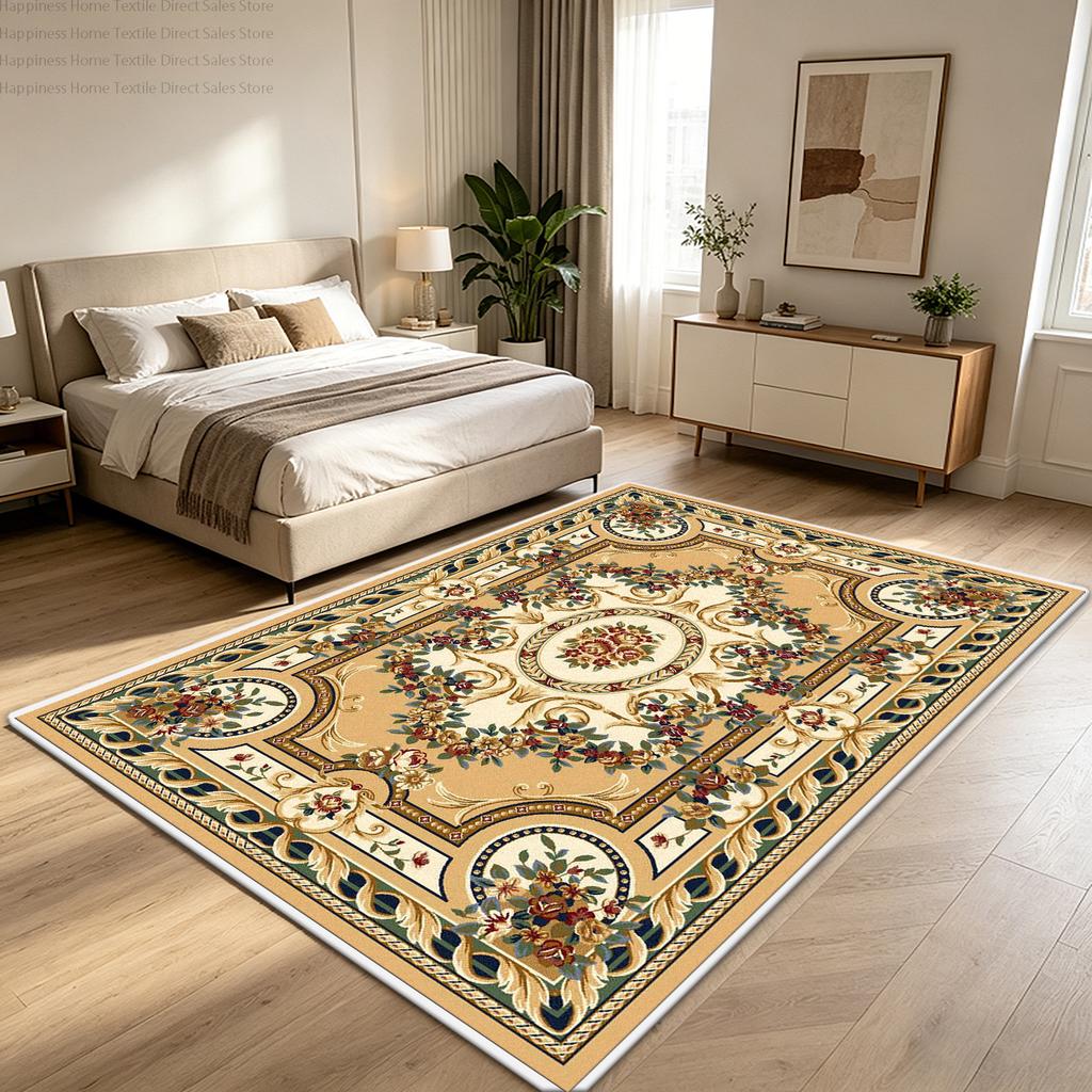 European Luxury Yellow Bedroom Bedside Mat Decoration Parlor Washable Non-slip Floral Large Rug Short Velvet Dining Room Carpet