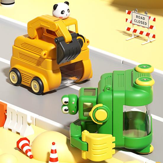 Excavator Water Bottle for Kids 500ml Leak-Proof Cartoon Cup with Wheels Adjustable