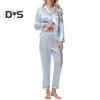 Женский комплект пижамы из 2 предметов из шелкового атласа, топ с пуговицами на лацканах и брюки, свободная рубашка в полоску и брюки с эластичным поясом, одежда для отдыха