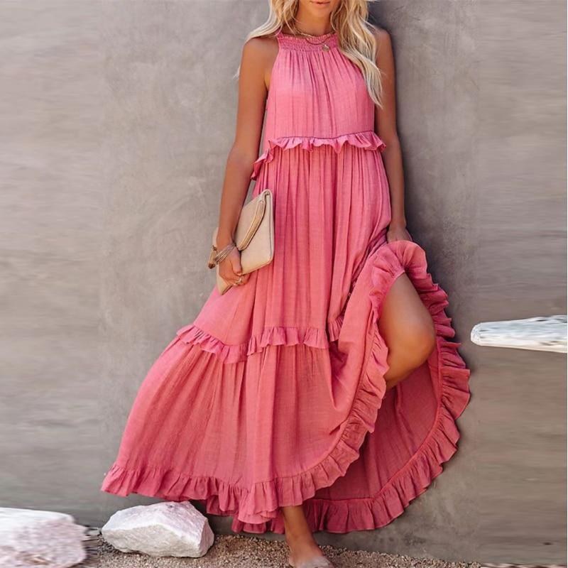 Женское длинное платье с милыми оборками, лето 2023, однотонное платье для отдыха в пляжном стиле, платья без рукавов с круглым воротником 26204