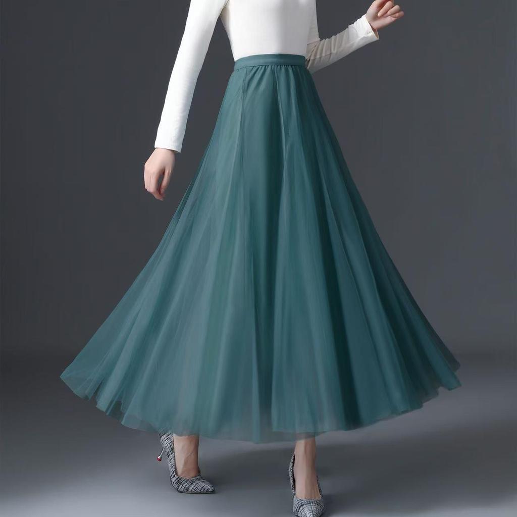 2025 Spring/Summer Women's Mesh Midi Skirt - Three-Layer Tulle, High-End, Slimming, Versatile Swing Design