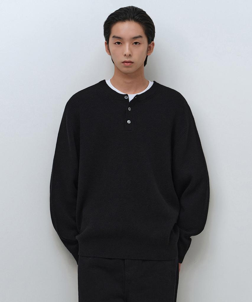 MUSINSA STANDARD [Victoria Wool] Minimal Ribbed Henley Neck Knit [Black]