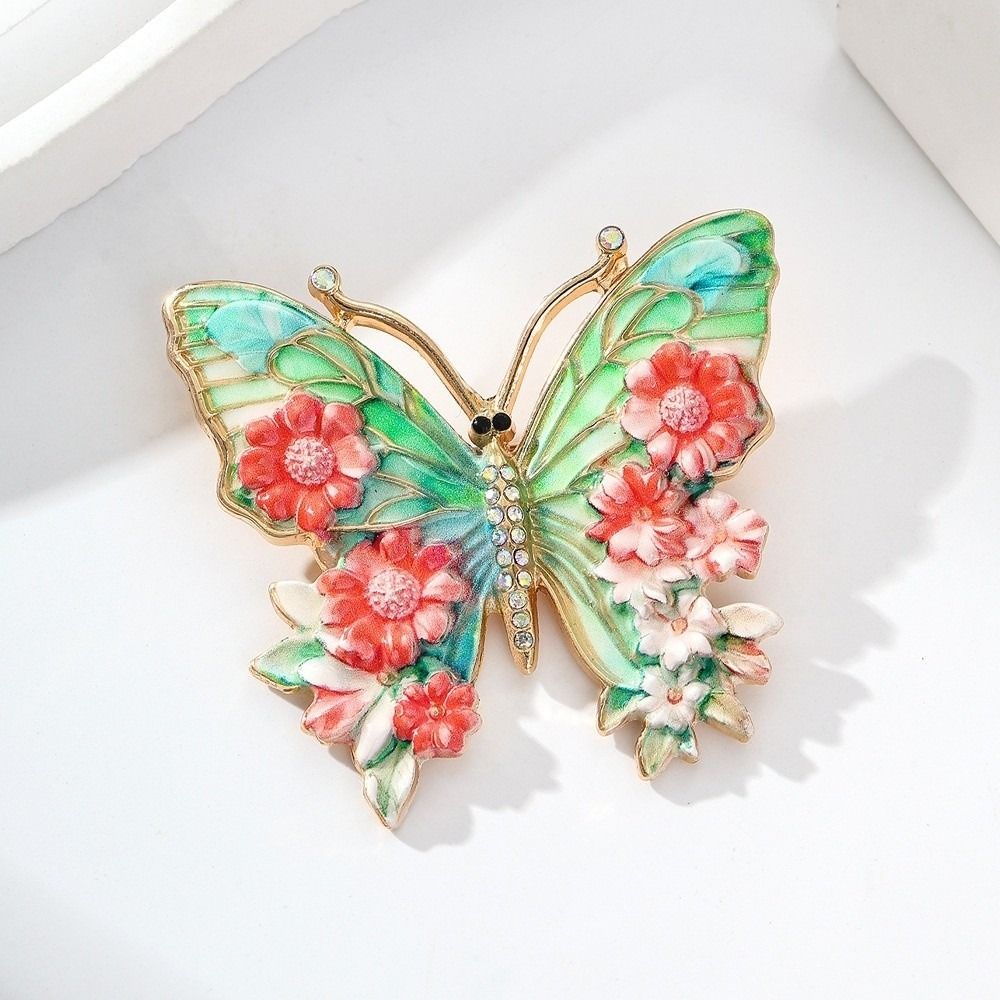 Enamel Big Flower Butterfly Brooches Rhinestone Enamel Lapel Pin Cloisonne Butterfly Badge Lady