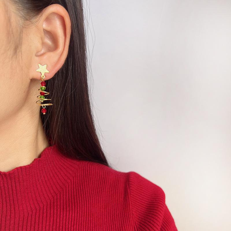 EH1162 Клипсы для ушей в виде хрустальных звезд ручной работы - Не требующие прокола серьги в виде рождественской елки (Осень зима)