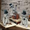 Halloween Cartoon Skeleton Ornaments Posable Skull Statue Mini Resin Skeleton With Flower Guitar Figurines Desk Decor