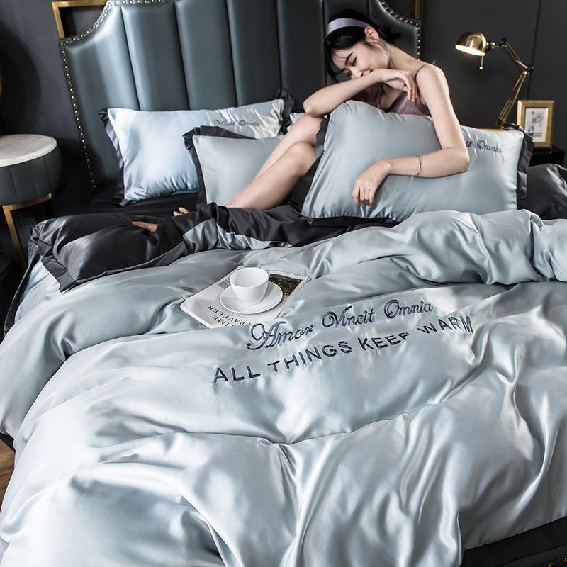 Пододеяльник с вышивкой, простыня, наволочка, двусторонний комплект из четырех предметов из ледяного шелка, постельное белье из стираного шелка