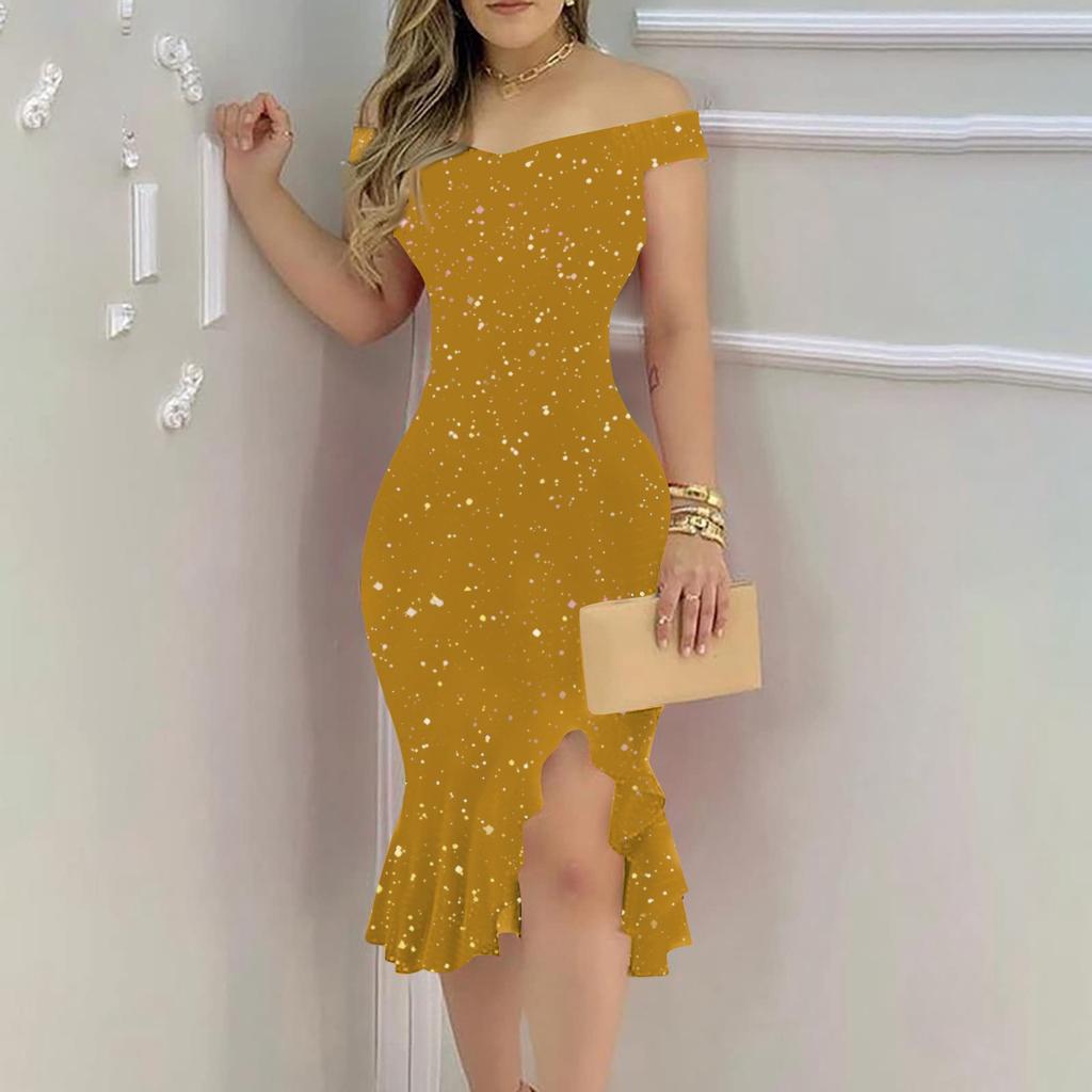 Женская мода, сексуальные летние платья с открытыми плечами, короткими рукавами и рюшами, нерегулярные платья