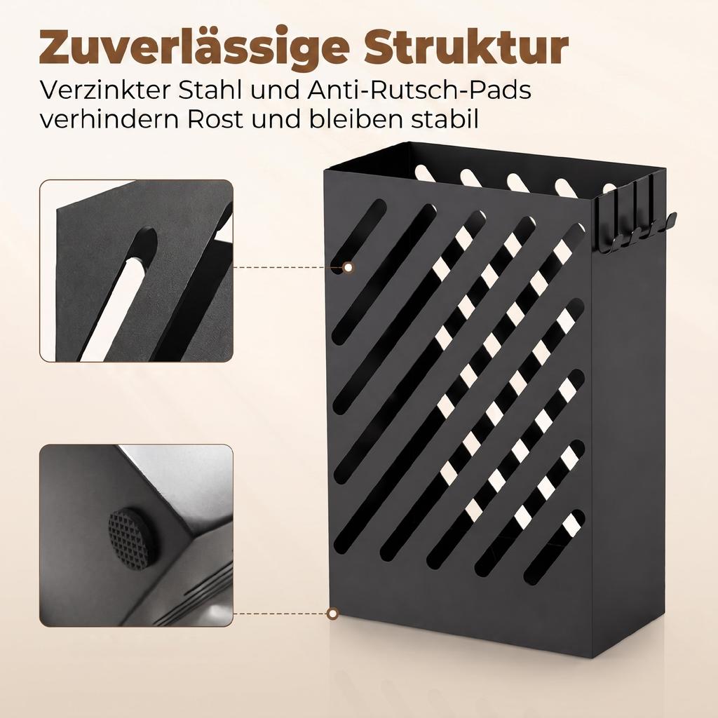 Umbrella Stand with Drip Tray, 4 Hooks, Steel, 28L x 14W x 41H cm, Black
