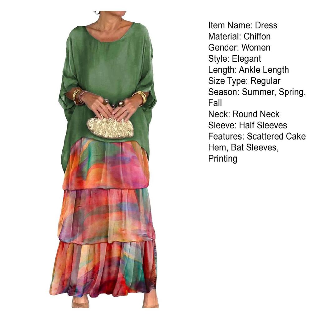 Вечернее платье с многослойным подолом в виде торта, контрастным цветным принтом, короткими рукавами, макси-платьем, рукавами «летучая мышь», мешковатым круглым вырезом, шифоновым платьем для выпускного вечера