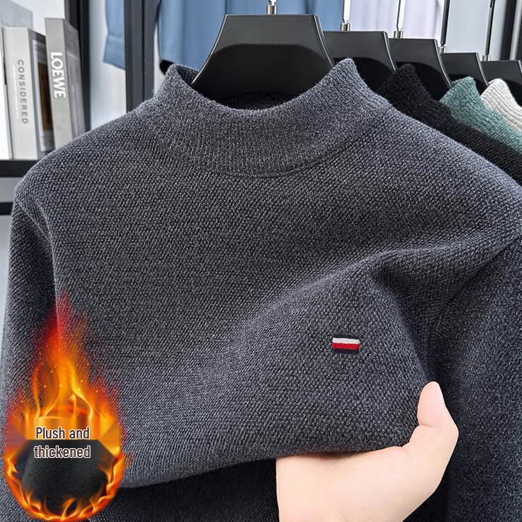 Men's Fleece-Lined Knit Sweater with Half-High Collar and Integrated Fleece Inner Warm Top
