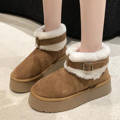 Мода 2024 года, женская обувь, модные женские сапоги с круглым носком, сплошной плюшевый флис для тепла, короткие зимние сапоги на платформе с бочкообразным верхом