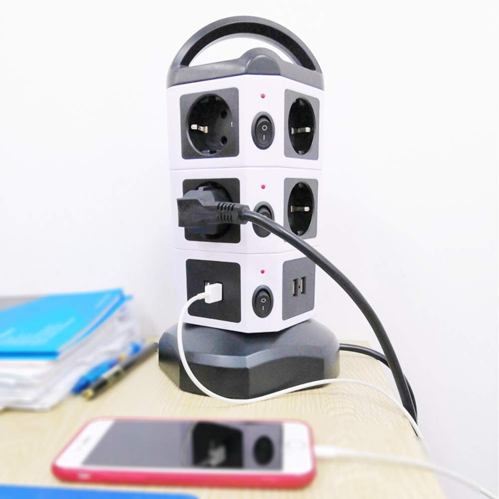 Tessan Удлинитель Tower, вертикальная защита от перенапряжений, 6/10/14 розеток европейского стандарта с защитой от перегрузки USB, удлинитель 2 м