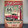 [ Знак Route 66] Металлический знак Route 66 - "Ретро-декор для автозаправки с классическим красным автомобилем и дизайном "ПОЛНОЕ ОБСЛУЖИВАНИЕ" | Для настенного крепления