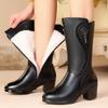 Mid Length Boots Women's New Autumn/Winter Cotton Shoes Medium Heeled Thick Heels Middle-aged Women's PU Boots Women's Shoes Large Size