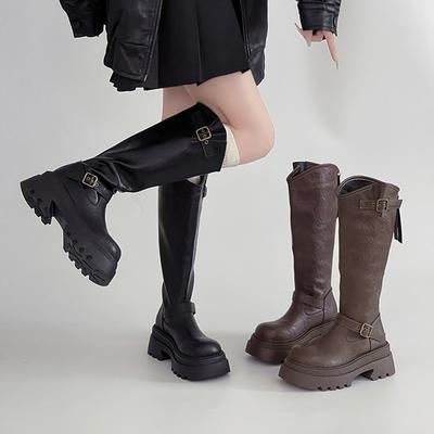 Осень 2025 британский стиль кожаные сапоги платформа ремень с пряжкой рыцарские сапоги женская мода ретро универсальные, но до колена модные сапоги