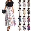 Women's Fashion Casual Belt Short Sleeve Round Neck Vintage Floral Splicing Elegant Temperament Dresses