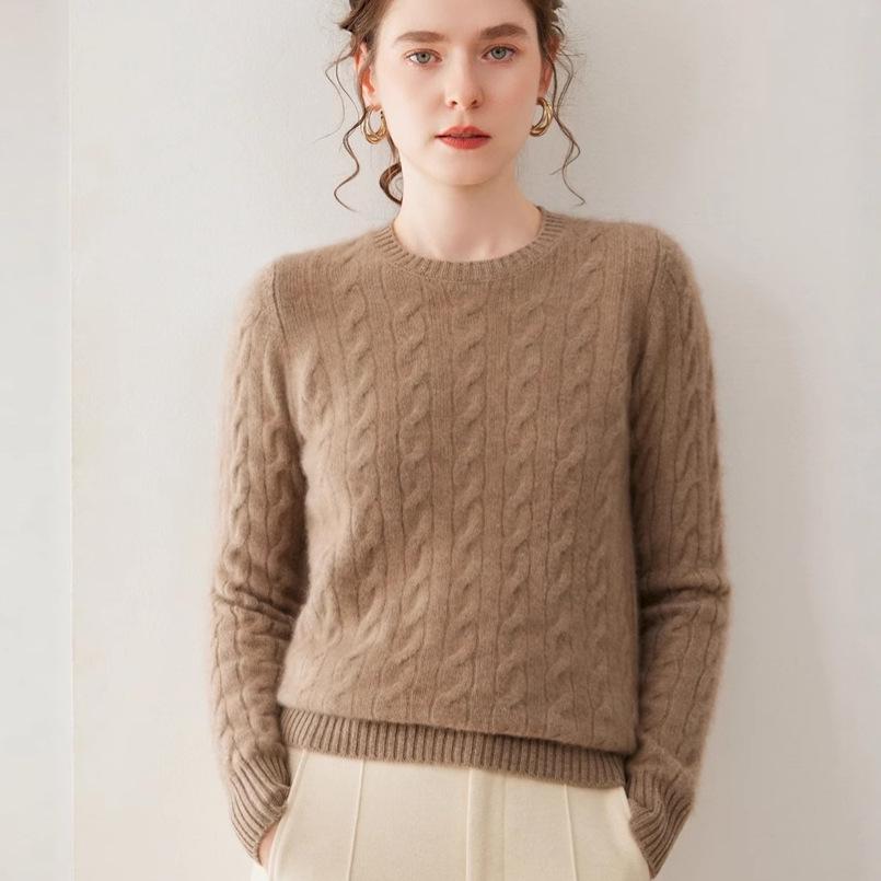Women's Red 35% Cashmere Cable Knit Round Neck Sweater, Thickened Loose Fit for Autumn/Winter