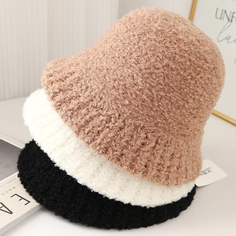 Simple solid color lamb wool bucket hat women's autumn and winter versatile warm and cold-proof face small knitted bucket hat