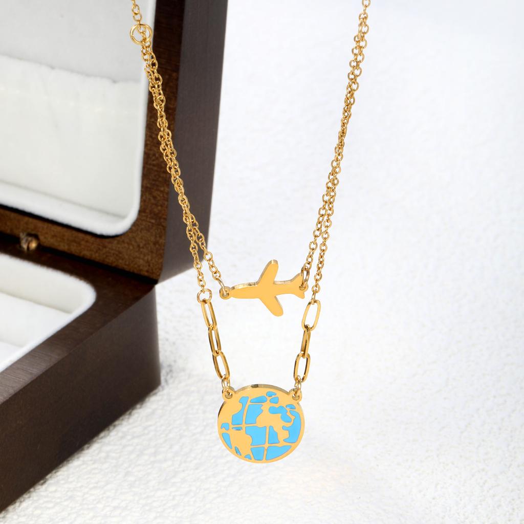 Designer Fly Plane Global Earth Pendant Necklace Women Men Couple Gold Plated Stainless Steel Anniversary Jewelry Romantic Gifts