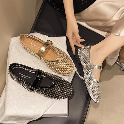 Модные сетчатые туфли-балетки Мэри Джейн с пряжкой на одно слово, на плоской подошве, с блестящими бриллиантами, новые 2025, дышащие, одинарные туфли, женская обувь