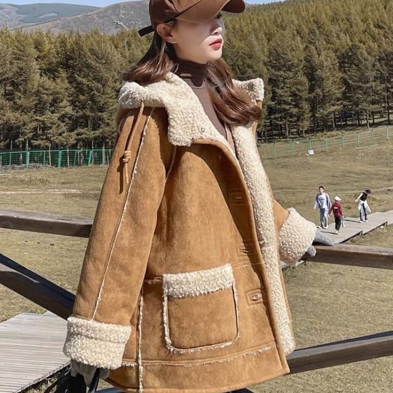 Пальто из искусственной замши с интегрированным мехом ягненка, женское зимнее новое бархатное утолщенное хлопковое худи
