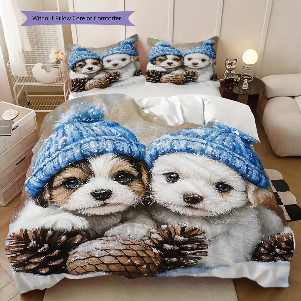 Puppy Pattern Bedding Quilt Set Quilt Cover Pillowcase Home Decoration Birthday Gift (1 * duvet cover + 2 * pillowcase, without core)