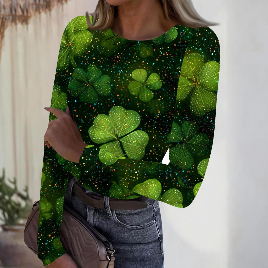 Women's Casual Fashion Round Neck St. Patrick's Day Print Long Sleeve Ribbed Top