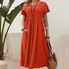 Summer Women Dress Plus Size Long Solid Color Round Neck Pocket Pleated Short Sleeve