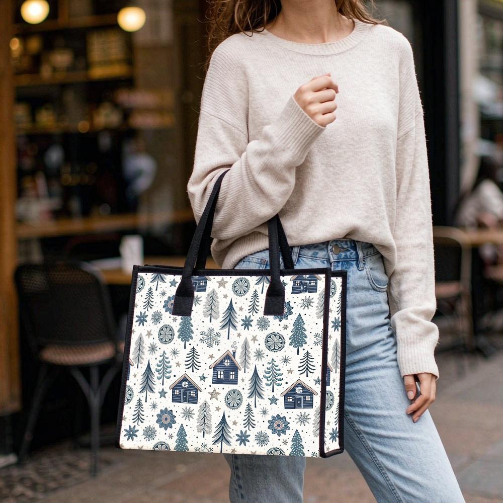 Winter Pattern Tote Bag Casual Canvas Shoulder Handbag For Daily Use Portable Fashion Shopping Bag