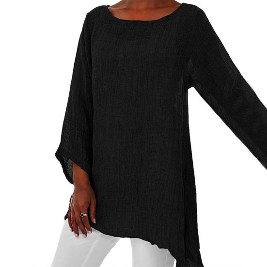 Plus Size Women Solid Color Linen O-Neck Long Sleeve Irregular Tunic Top T-Shirt