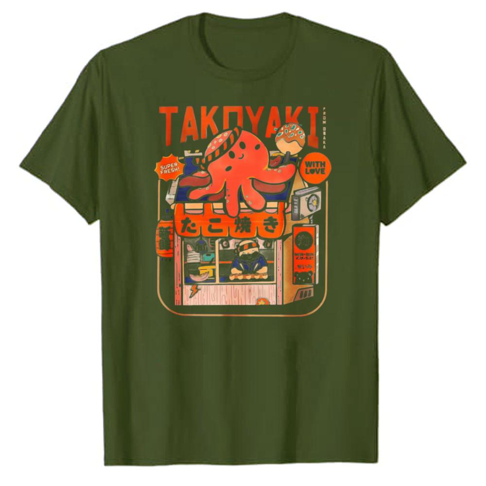 Vintage Takoyaki Japanese Food Stall Octopus Graphic T Shirt Retro Anime Style Cotton Loose Streetwear Casual Unisex Daily Tops