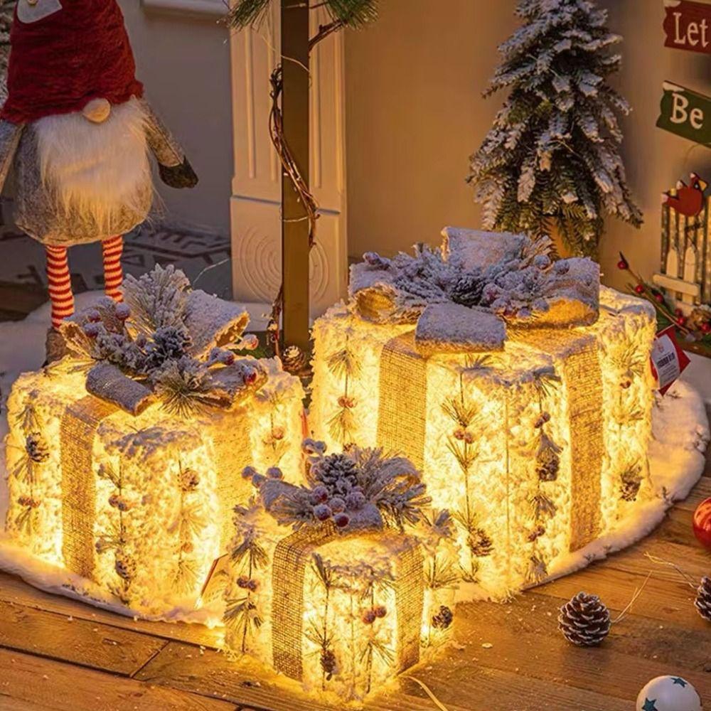 3pcs Plush Design Christmas Light Up Boxes Christmas Decoration Ornament Christmas Decoration
