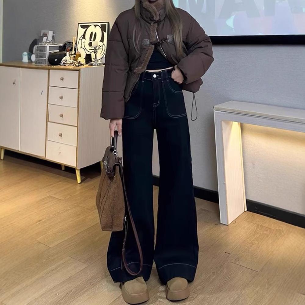Джинсы большого размера с широкими штанинами для женщин на осень и зиму, черные эластичные, свободные, утягивающие, прямые брюки в пол