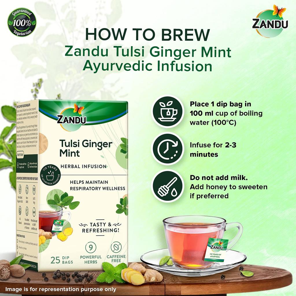 Zandu Tulsi Ginger Mint Herbal Infusion Tea 25 Tea Bags X Pack of 2 – Refreshing Ayurvedic Wellness Drink