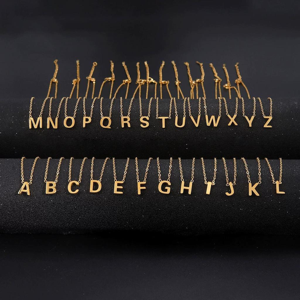 Titanium Steel Initial Letter Pendant Necklace Chain Gold Silver Rose Gold