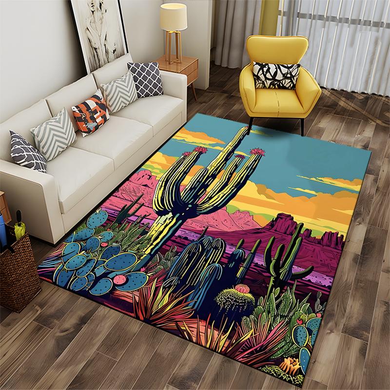 Vibrant Desert Landscape Carpet with Colorful Cacti and Sunset Scene Suitable for use as an anti-slip for living room bedroom sofas