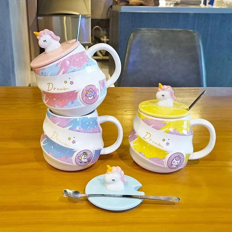 Креативная керамическая кружка с единорогом, Мультяшные кофейные кружки с крышкой и ложкой, Милая парная кружка для воды, Кружки для завтрака с молоком, Кружка для чая в подарок на день рождения