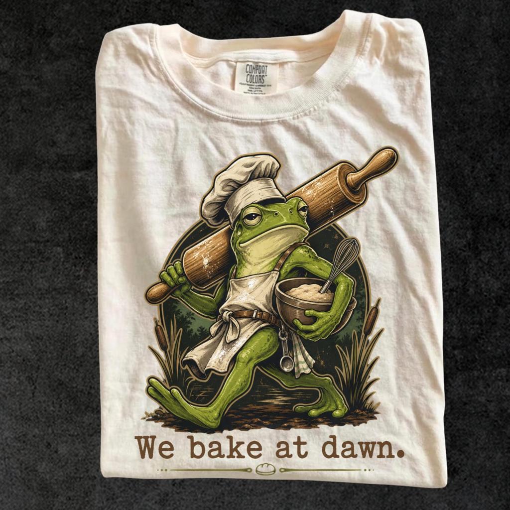 We Bake At Dawn Shirt, Funny Frog Baking Lover Tee, Comfort Colors Baker Shirt, Cottagecore Frog Graphic, Baking Gift for Bakers