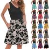 Women's Summer Fashion Casual V-neck Pleated Patchwork Vintage Floral Print Sleeveless Pocket Vest Dress