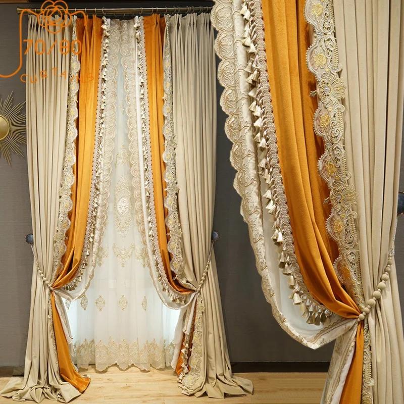 Light French Orange Flannel Lace Stitching Blackout Curtains for Living Room and Bedroom Products