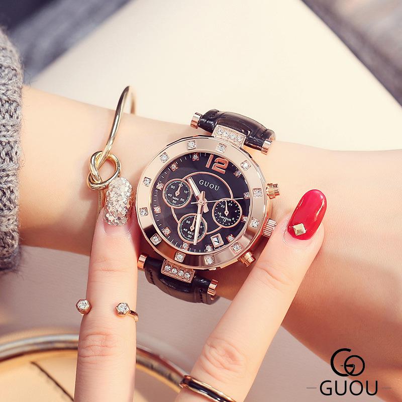 GUOU Top Brand Fashion Luxury Women's Watches Ladies Watch Women Bracelet For Calendar Clock Leather relogio feminino saat