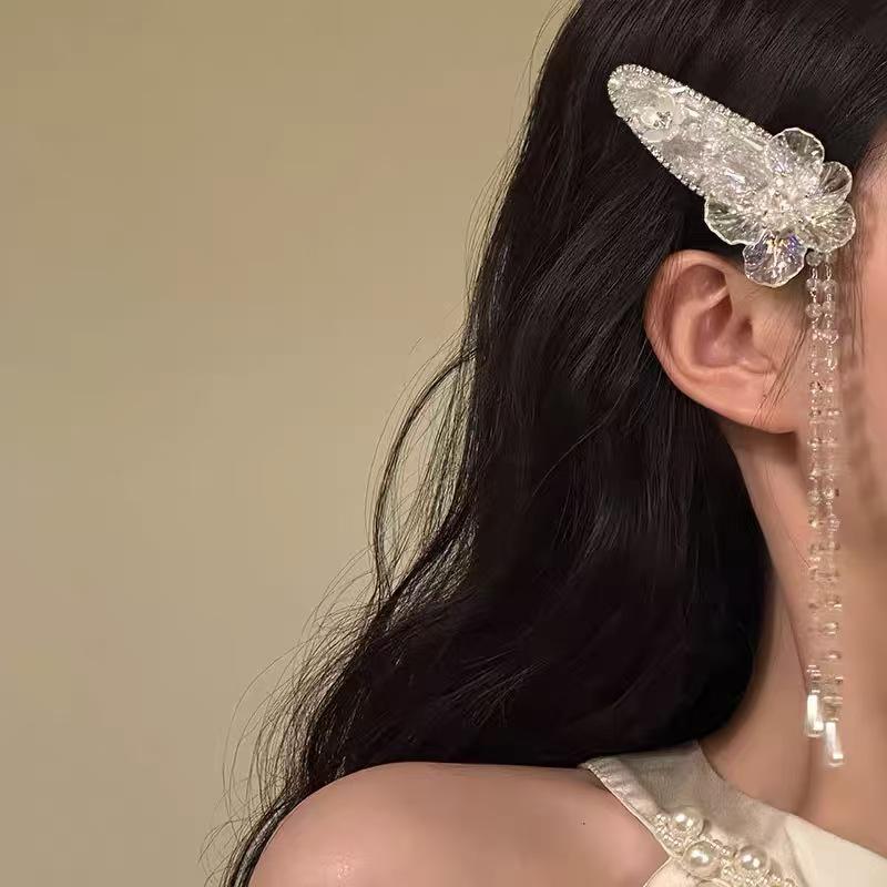 Blue Gem Healing Rhinestone Pearl Ethnic Tassel Hair Clip for Women