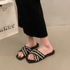 Large Size Crossed with Pearl Slippers Women's Summer Wear 2025 Spring and Summer New Flat-bottomed Beach Seaside Sandals