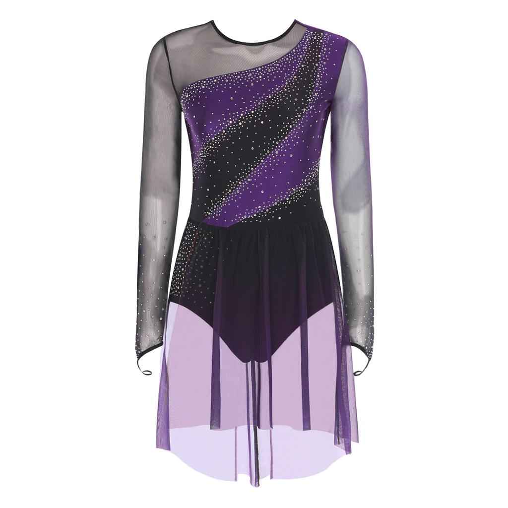 Womens Figure Skating Dress Contrast Color Rhinestones Gradient Mesh Skirt One Piece Leotard