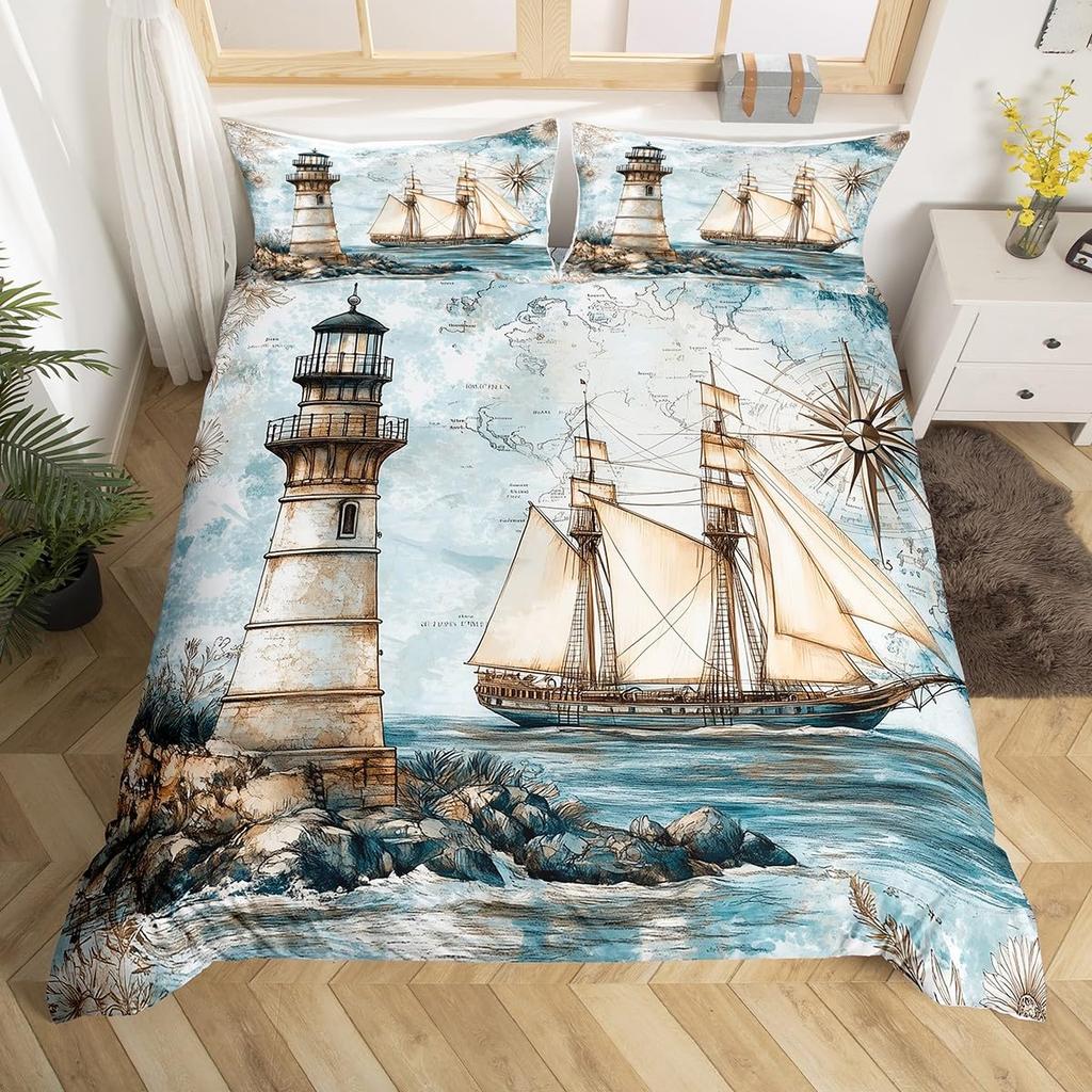 Nautical Comforter Cover Sailboat Lighthouse Duvet Cover Watercolor Ocean Themed Bedding Set Summer Beach Polyester Quilt Cover