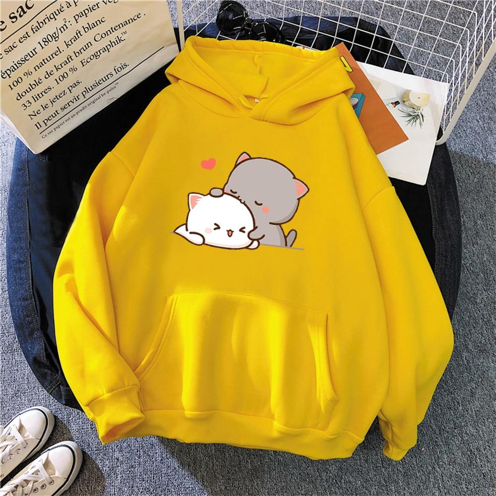 Peach Cat Kawaii Print Women Hoodie Casual Oversized Pullover Popular Streetwear Fashion Sweatshirt Couple Clothing