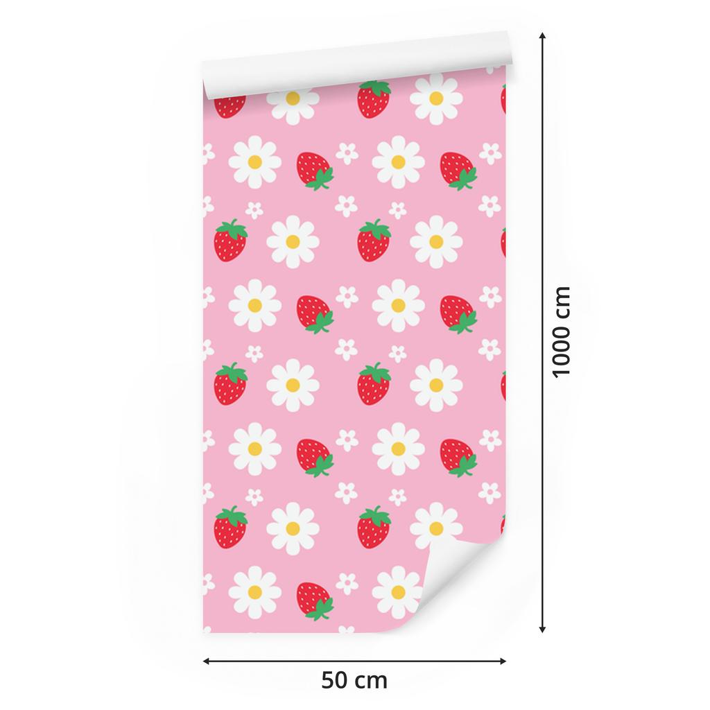 Strawberries and Daisies Wallpaper Powder Pink, White and Red 50x1000