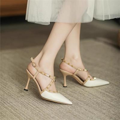 Туфли-лодочки на шпильке с заклепками, лето 2025, новая ниша, французские, сексуальные, сандалии с ремешком на щиколотке для женщин